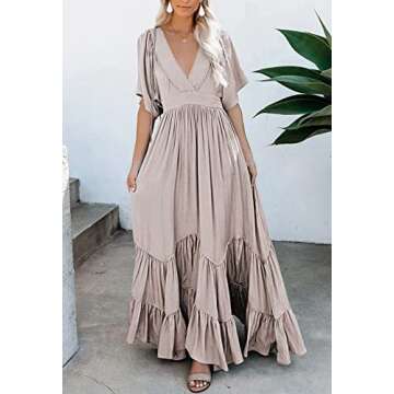 Meenew Women's Casual Long Summer Dress Plunge V Neck Ruffle Maxi Beach Dress L Light Pink