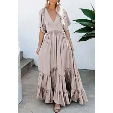 Meenew Women's Casual Long Summer Dress Plunge V Neck Ruffle Maxi Beach Dress L Light Pink