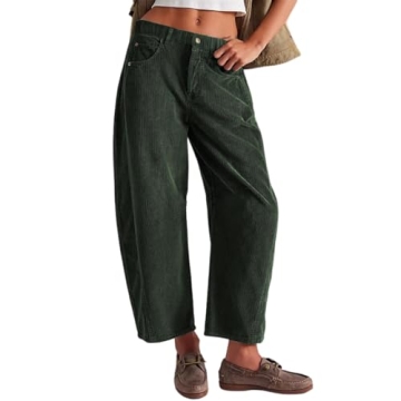Womens Mid-Rise Corduroy Barrel Pants Elastic Waist Wide Leg Baggy Pants Vintage Trendy Casual Trous...