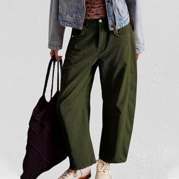 Womens Mid-Rise Corduroy Barrel Pants Elastic Waist Wide Leg Baggy Pants Vintage Trendy Casual Trouser (Green,Small,Small)