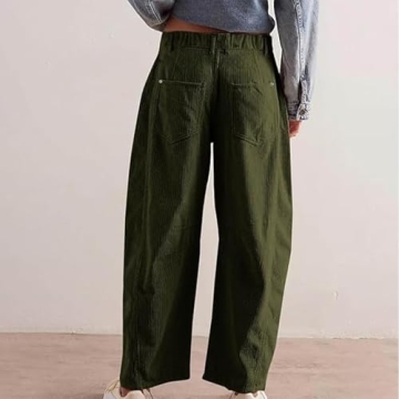 Womens Mid-Rise Corduroy Barrel Pants Elastic Waist Wide Leg Baggy Pants Vintage Trendy Casual Trouser (Green,Small,Small)