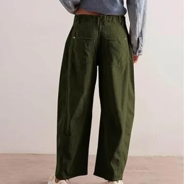 Womens Mid-Rise Corduroy Barrel Pants Elastic Waist Wide Leg Baggy Pants Vintage Trendy Casual Trouser (Green,Small,Small)