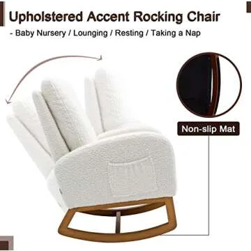 Antetek Modern Accent Rocking Chair, Upholstered Nursery Glider Rocker for Baby and Kids, Comfy Armchair with Side Pocket, Living Room Lounge Arm Chair with High Backrest (White)
