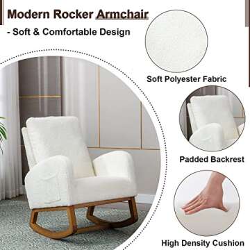 Antetek Modern Accent Rocking Chair, Upholstered Nursery Glider Rocker for Baby and Kids, Comfy Armchair with Side Pocket, Living Room Lounge Arm Chair with High Backrest (White)