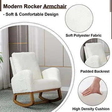 Antetek Modern Accent Rocking Chair, Upholstered Nursery Glider Rocker for Baby and Kids, Comfy Armchair with Side Pocket, Living Room Lounge Arm Chair with High Backrest (White)