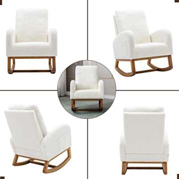 Antetek Modern Accent Rocking Chair, Upholstered Nursery Glider Rocker for Baby and Kids, Comfy Armchair with Side Pocket, Living Room Lounge Arm Chair with High Backrest (White)