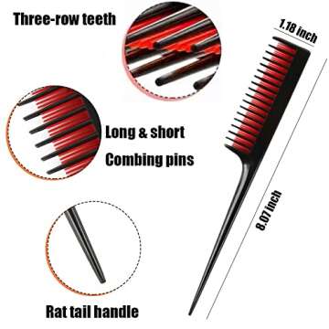 3 Pcs Hair Brush and Comb Set, Boar Bristle Teasing Brush, Three-row Rat Tail Teasing Comb, Double Sided Hair Edge Control Brush, Great for Detangling, Parting and Adding Shine