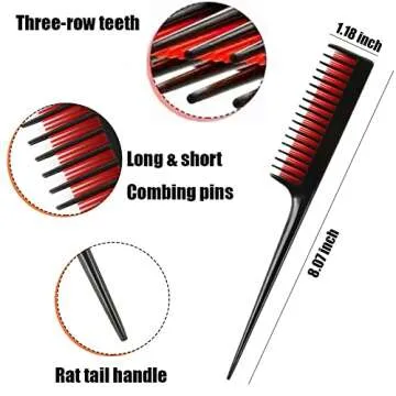 3 Pcs Hair Brush and Comb Set, Boar Bristle Teasing Brush, Three-row Rat Tail Teasing Comb, Double Sided Hair Edge Control Brush, Great for Detangling, Parting and Adding Shine