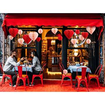 UNIQOOO 16 Pack Red Blush Pink Party Decoration Pom Pom, Heart & Ball Tissue Paper Honeycomb for Party Decor, Wedding, Engagement, Bridal Shower