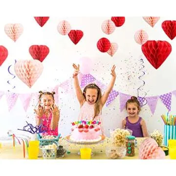 UNIQOOO 16 Pack Red Blush Pink Party Decoration Pom Pom, Heart & Ball Tissue Paper Honeycomb for Party Decor, Wedding, Engagement, Bridal Shower