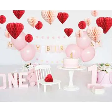 UNIQOOO 16 Pack Red Blush Pink Party Decoration Pom Pom, Heart & Ball Tissue Paper Honeycomb for Party Decor, Wedding, Engagement, Bridal Shower