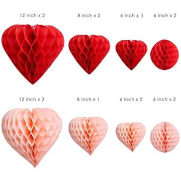 UNIQOOO 16 Pack Red Blush Pink Party Decoration Pom Pom, Heart & Ball Tissue Paper Honeycomb for Party Decor, Wedding, Engagement, Bridal Shower