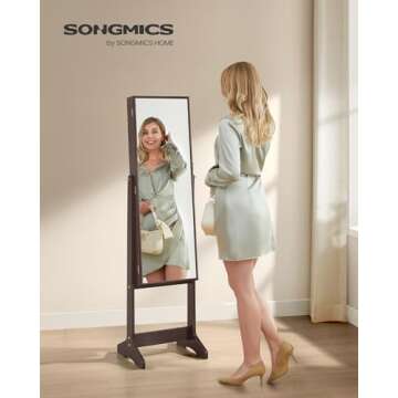 SONGMICS Mirror Jewelry Cabinet Armoire, Standing Full-Length Mirror, Lockable Jewelry Organizer, Gi...