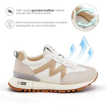 Coolprince Sneakers for Women Non-Slip Casual Walking Shoes Genuine Leather Lightweight Comfortable Tennis Running Shoes Womens Fashion Sneakers Beige Size 7.5