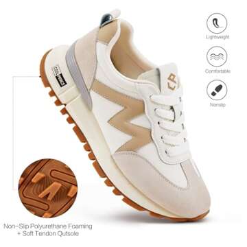 Coolprince Sneakers for Women Non-Slip Casual Walking Shoes Genuine Leather Lightweight Comfortable Tennis Running Shoes Womens Fashion Sneakers Beige Size 7.5