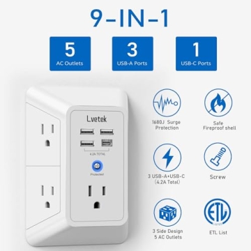 5-Outlet Surge Protector with USB Ports for Travel