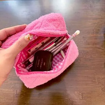 LAIYOSEA Hot Pink Terry Cloth Small Cute Pencil Pouch Aesthetic Cotton Zipper Makeup Pouch Trendy Preppy Quilted Travel Cosmetic Pouch Bag Skincare Toiletry Bag Beauty Bag Tiktok Trend Items