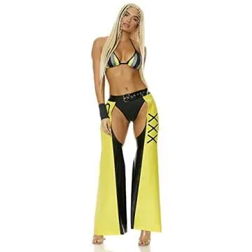 Forplay Women's Filthy Iconic Superstar Costume 4-Piece Halloween Outfit with Bra, Panty, Chaps, and Wristcuffs, Yellow, L/XL