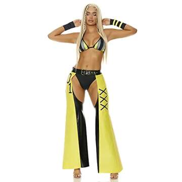 Forplay Women's Filthy Iconic Superstar Costume 4-Piece Halloween Outfit with Bra, Panty, Chaps, and Wristcuffs, Yellow, L/XL