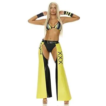 Forplay Women's Filthy Iconic Superstar Costume 4-Piece Halloween Outfit with Bra, Panty, Chaps, and Wristcuffs, Yellow, L/XL