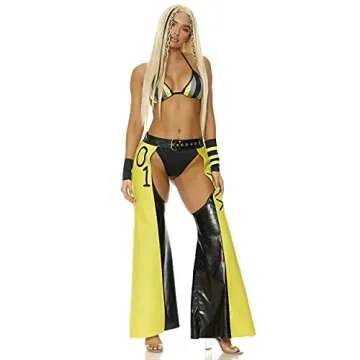 Forplay Women's Filthy Iconic Superstar Costume 4-Piece Halloween Outfit with Bra, Panty, Chaps, and Wristcuffs, Yellow, L/XL