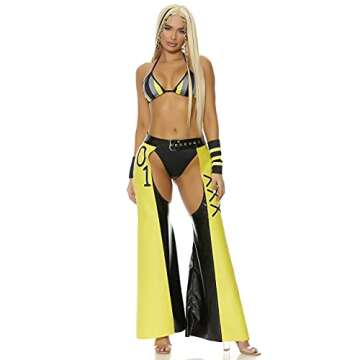 Forplay Women's Filthy Iconic Superstar Costume 4-Piece Halloween Outfit with Bra, Panty, Chaps, and Wristcuffs, Yellow, L/XL