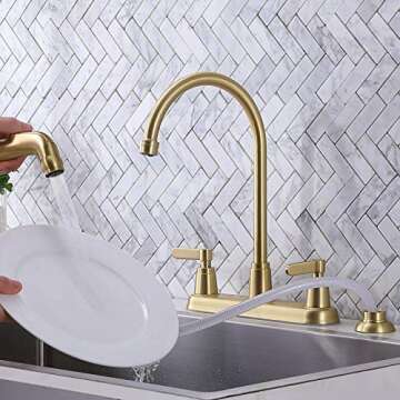 VAPSINT Commercial Modern 2-Handle Centerest SUS304 Stainless Steel Gold Kitchen Sink Faucet with Si...