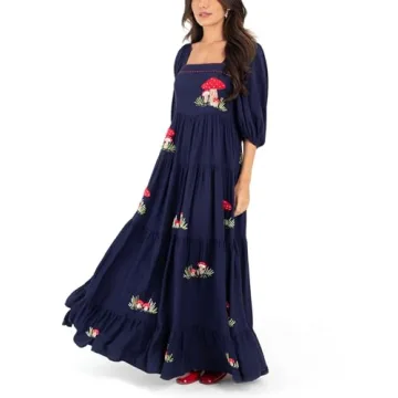 Women's Floral Embroidered Maxi Dress Bohemian Puff Sleeve Square Neck Ruffle Tiered Flowy Dress Sum...
