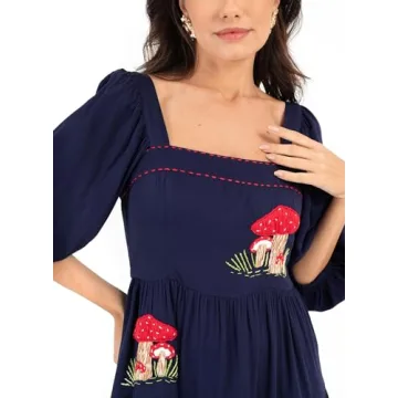 Women's Floral Embroidered Maxi Dress Bohemian Puff Sleeve Square Neck Ruffle Tiered Flowy Dress Summer Beachwear （Blue ，Small）