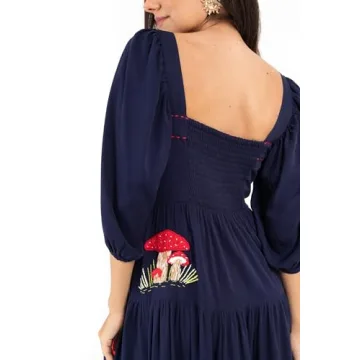 Women's Floral Embroidered Maxi Dress Bohemian Puff Sleeve Square Neck Ruffle Tiered Flowy Dress Summer Beachwear （Blue ，Small）