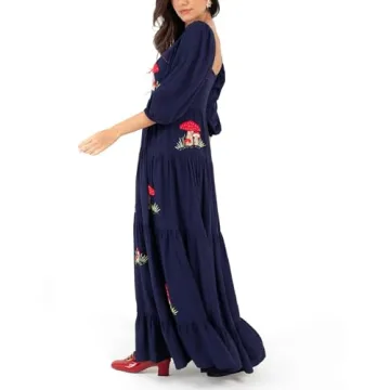 Women's Floral Embroidered Maxi Dress Bohemian Puff Sleeve Square Neck Ruffle Tiered Flowy Dress Summer Beachwear （Blue ，Small）