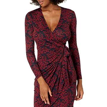 Amazon Brand - Lark & Ro Women's Classic Long Sleeve V-Neck Compact Matte Jersey Wrap Dress, Navy/Burgundy Gingko, Medium