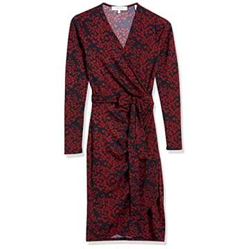 Amazon Brand - Lark & Ro Women's Classic Long Sleeve V-Neck Compact Matte Jersey Wrap Dress, Navy/Burgundy Gingko, Medium