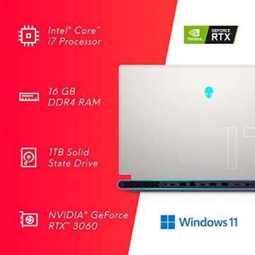 Alienware x17 R1, 17.3 inch FHD 360Hz Non-Touch Gaming Laptop - Intel Core i7-11800H, 16GB DDR4 RAM, 1TB SSD, NVIDIA GeForce RTX 3060 6GB GDDR6, Windows 10 Home - Lunar Light