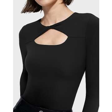 PUMIEY Bodysuit for Women Long Sleeve Bodysuit Shirts Slim Fit Sexy Going Out Tops, Jet Black Small