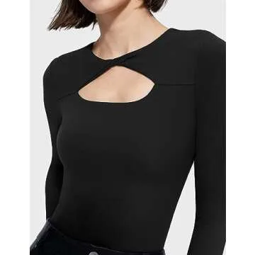 PUMIEY Bodysuit for Women Long Sleeve Bodysuit Shirts Slim Fit Sexy Going Out Tops, Jet Black Small
