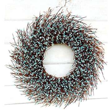 WildRidge Design, Halloween Teal Berry Sunburst Twig Wreath, Farmhouse Fall Decorations for Home, Bohemian Artificial 21" Wreath for Front Door, Indoor and Outdoor Use Wreath For Home or Party Decor