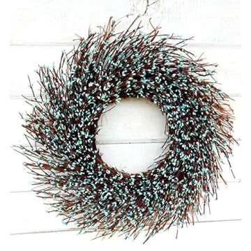 WildRidge Design, Halloween Teal Berry Sunburst Twig Wreath, Farmhouse Fall Decorations for Home, Bohemian Artificial 21" Wreath for Front Door, Indoor and Outdoor Use Wreath For Home or Party Decor