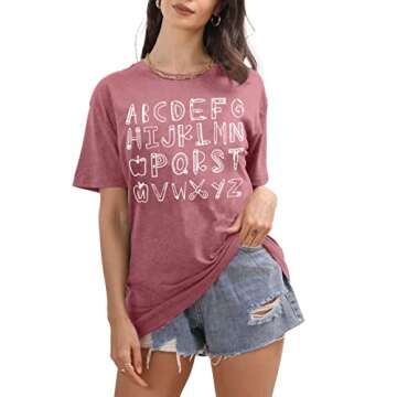 Teacher Shirt Women Teaching Tshirt Alphabet Graphic Tee Tops Kindergarten Teachers Gift T-Shirt Pink