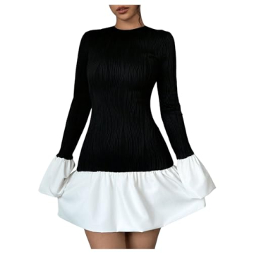 GORGLITTER Women's Color Block Ruffle Bubble Dress - Chic Puff Long Sleeve Mini