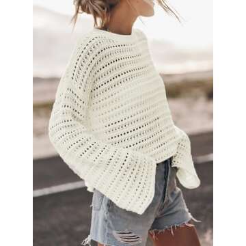 Sidefeel Womens Summer Outfit 2024 Lightweight Sweater Crochet Hollow Out Knit Fall Clothes Medium White