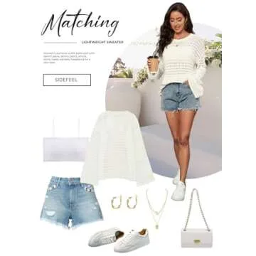 Sidefeel Womens Summer Outfit 2024 Lightweight Sweater Crochet Hollow Out Knit Fall Clothes Medium White