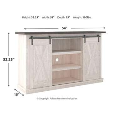 Signature Design by Ashley Dorrinson Farmhouse TV Stand Fits TVs up to 50" with Sliding Barn Doors and Storage Shelves, Whitewash & Gray