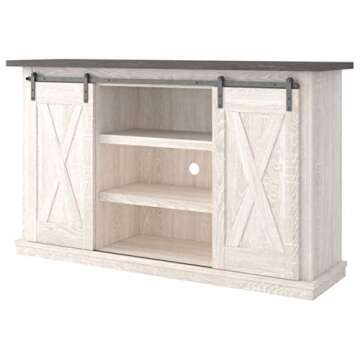 Signature Design by Ashley Dorrinson Farmhouse TV Stand Fits TVs up to 50" with Sliding Barn Doors and Storage Shelves, Whitewash & Gray