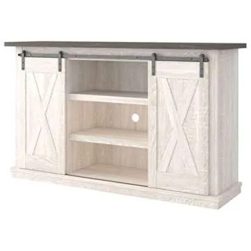Signature Design by Ashley Dorrinson Farmhouse TV Stand Fits TVs up to 50" with Sliding Barn Doors and Storage Shelves, Whitewash & Gray