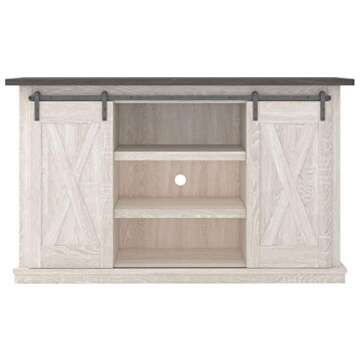 Signature Design by Ashley Dorrinson Farmhouse TV Stand Fits TVs up to 50" with Sliding Barn Doors and Storage Shelves, Whitewash & Gray