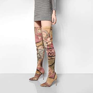 vivianly Women's Sexy Printed Stretchy Thigh High Boots Pointy Toe Stiletto Heel Booties Over The Knee High Heel Boot Size 10.5