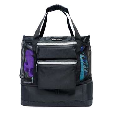 ToteCooler Beach Picnic Mesh Tote Bag with Zipper Top, Dual Internal Sling Bottle Pockets, 3 Exterio...
