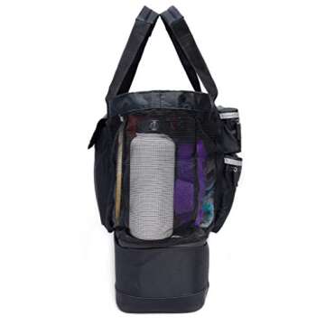 ToteCooler Beach Picnic Mesh Tote Bag with Zipper Top, Dual Internal Sling Bottle Pockets, 3 Exterior Pockets and Insulated Soft Cooler with Anti-Slip Rubber Base Guard (Black)