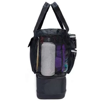 ToteCooler Beach Picnic Mesh Tote Bag with Zipper Top, Dual Internal Sling Bottle Pockets, 3 Exterior Pockets and Insulated Soft Cooler with Anti-Slip Rubber Base Guard (Black)